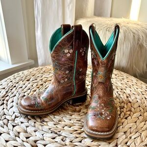 Kids Brown Floral Embroidered Western Boots with Teal Lining